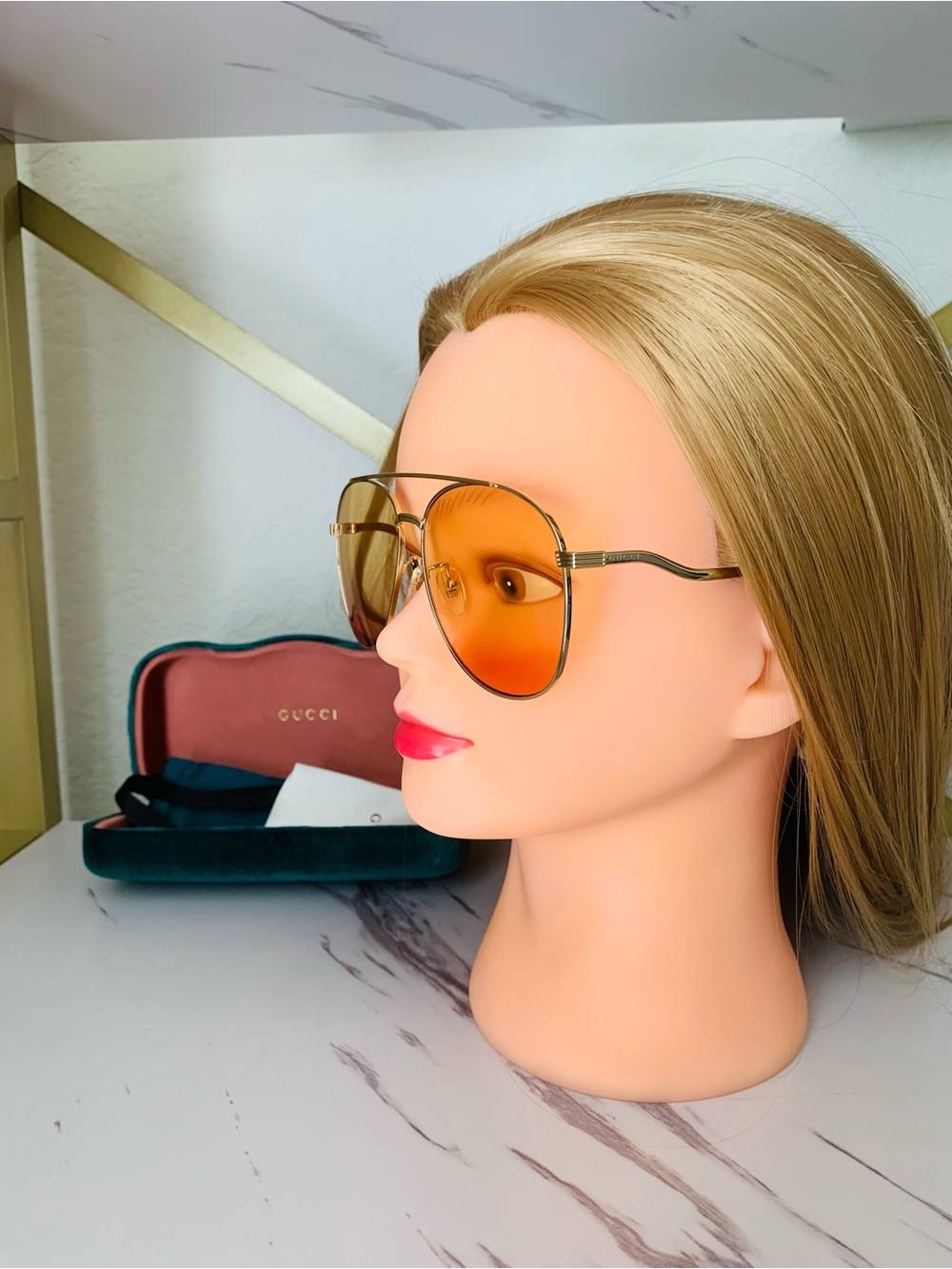 Gucci Women's Gold Aviator Sunglasses with Amber-Red Gradient Lenses - Picture 3 of 6
